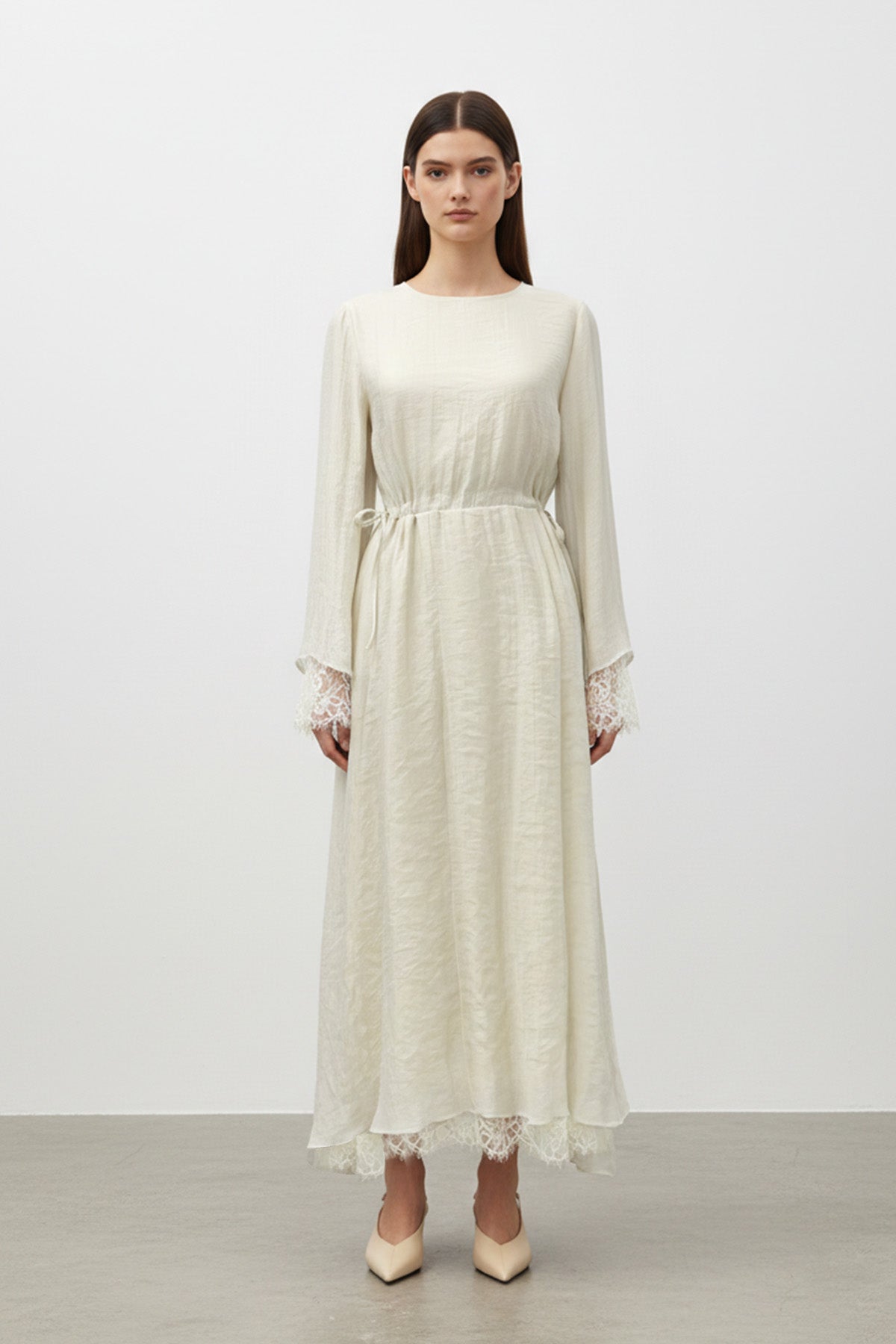 Kadın Belden Bağlamalı Dantel Detaylı Uzun Elbise-32466ELB