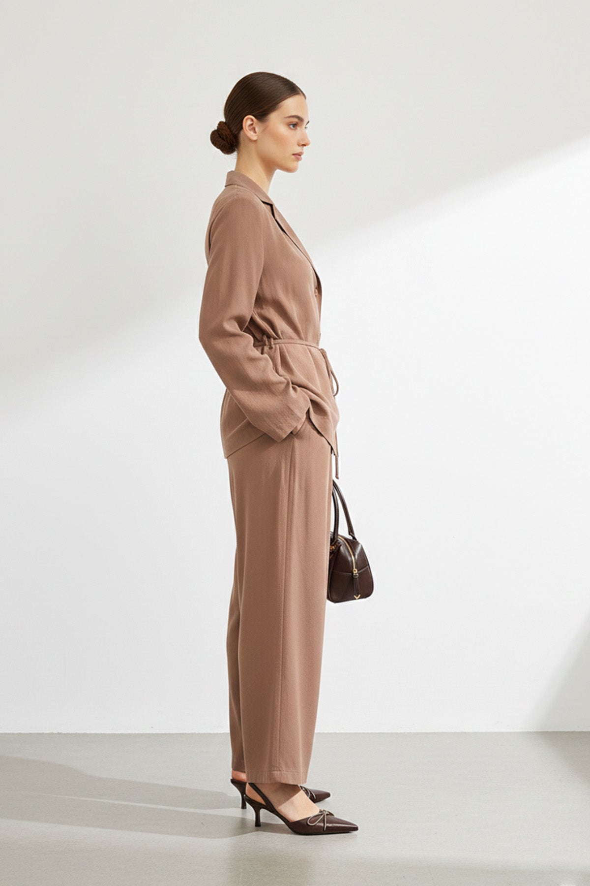 Kadın Kuşaklı Ceket ve Bol Paça Pantolon Takım-32468TKS