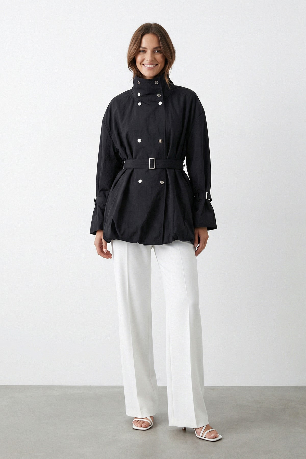 Kadın Dik Yaka Belden Büzgülü Tasarım Ceket – 32469CKT