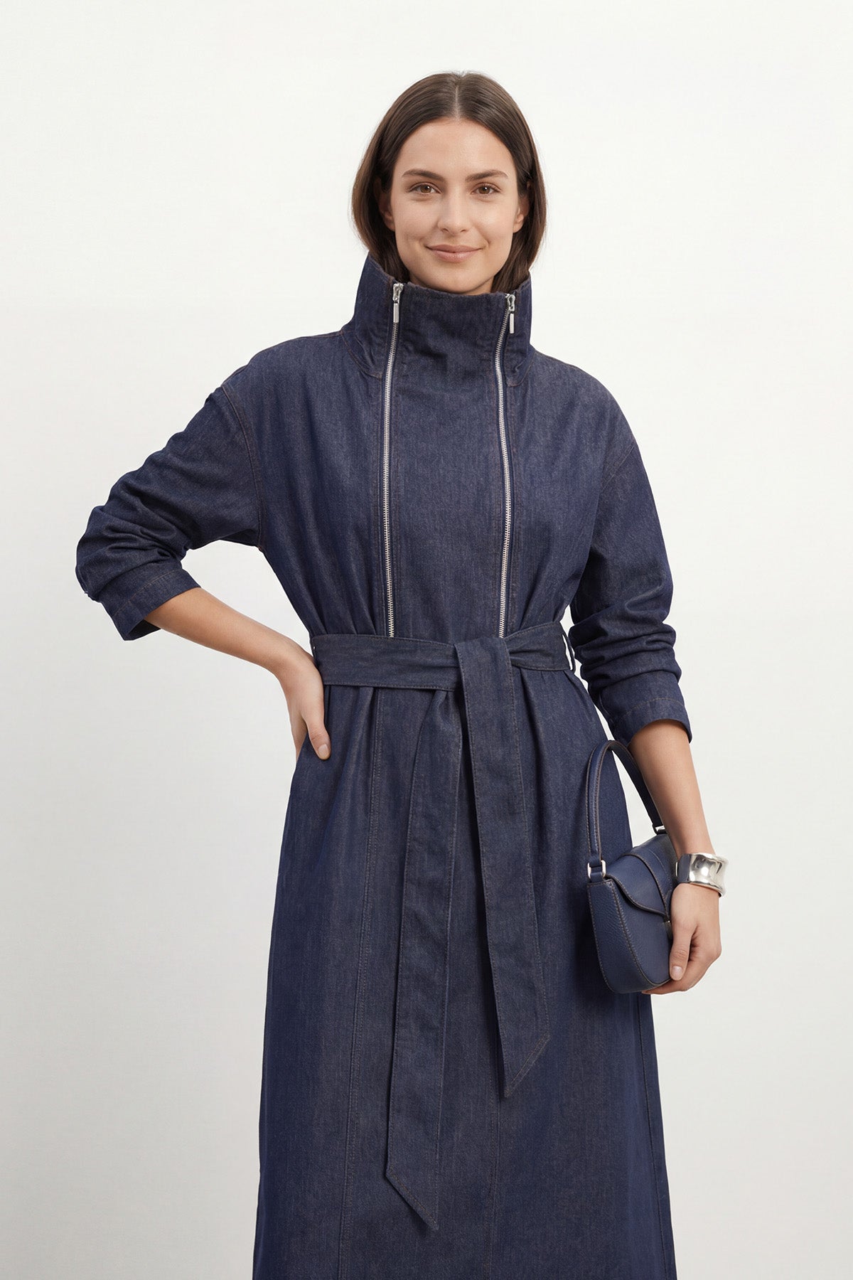 Kadın Dik Yaka Fermuarlı Belden Bağlamalı Kot Elbise – 32475ELB