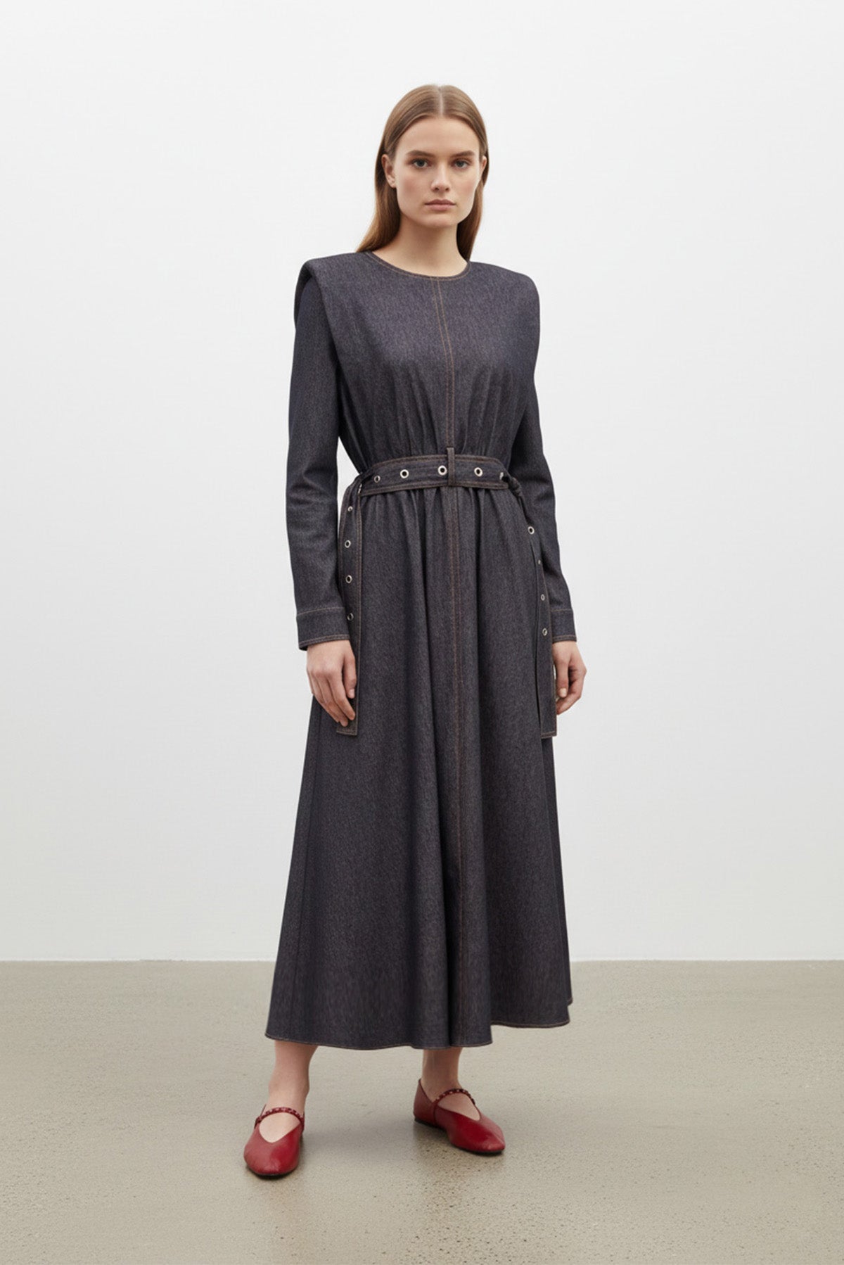 Kadın Vatkalı Kuşaklı Denim Görünümlü Elbise - 32476ELB