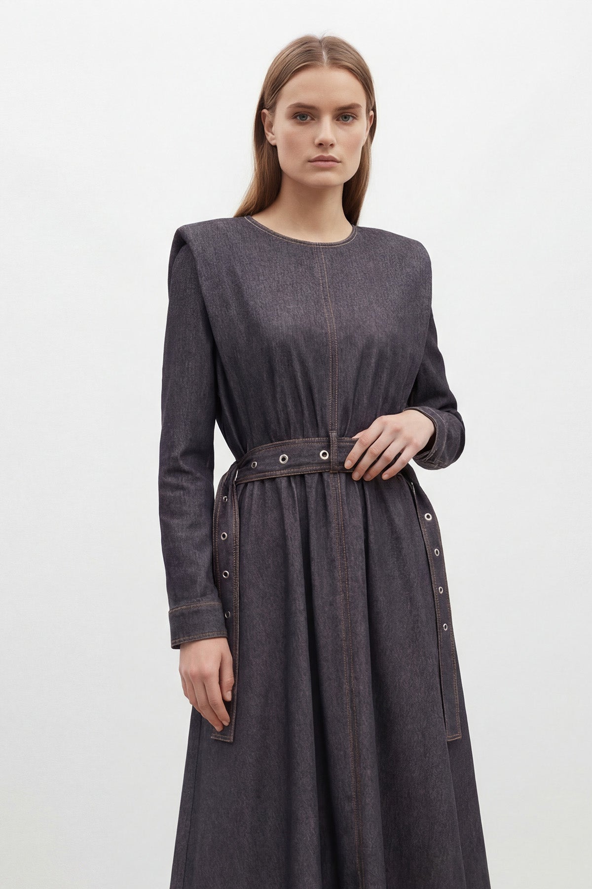 Kadın Vatkalı Kuşaklı Denim Görünümlü Elbise - 32476ELB