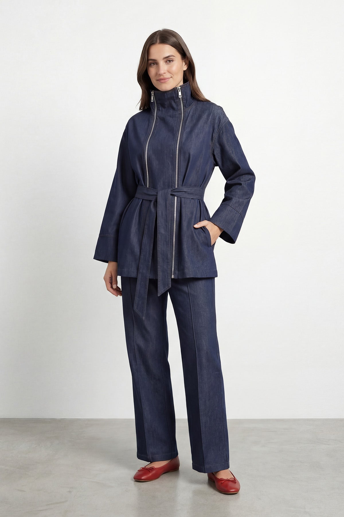 Kadın Dik Yaka Fermuarlı Kot Tunik Pantolon Takım – 32478TKS
