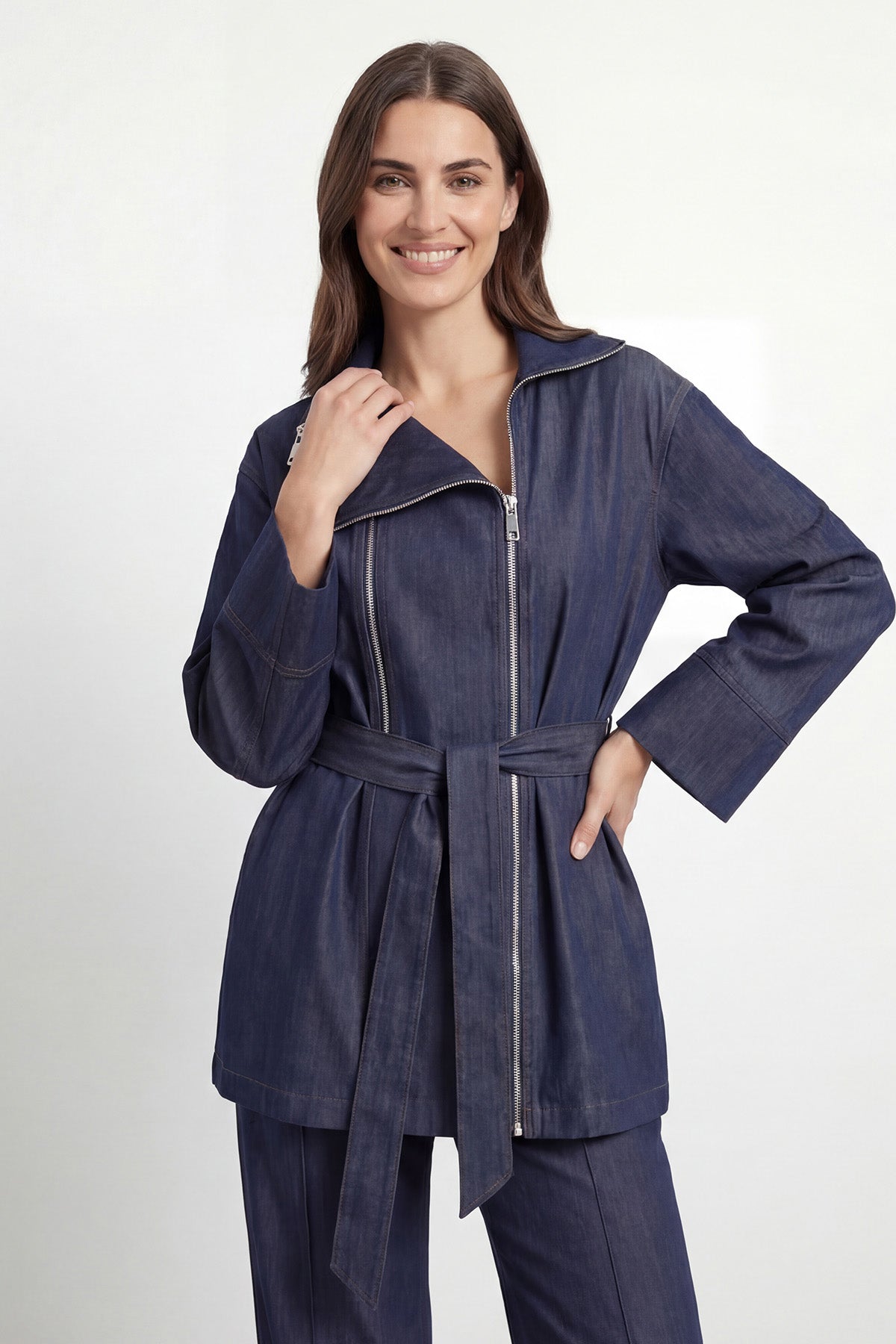 Kadın Dik Yaka Fermuarlı Kot Tunik Pantolon Takım – 32478TKS