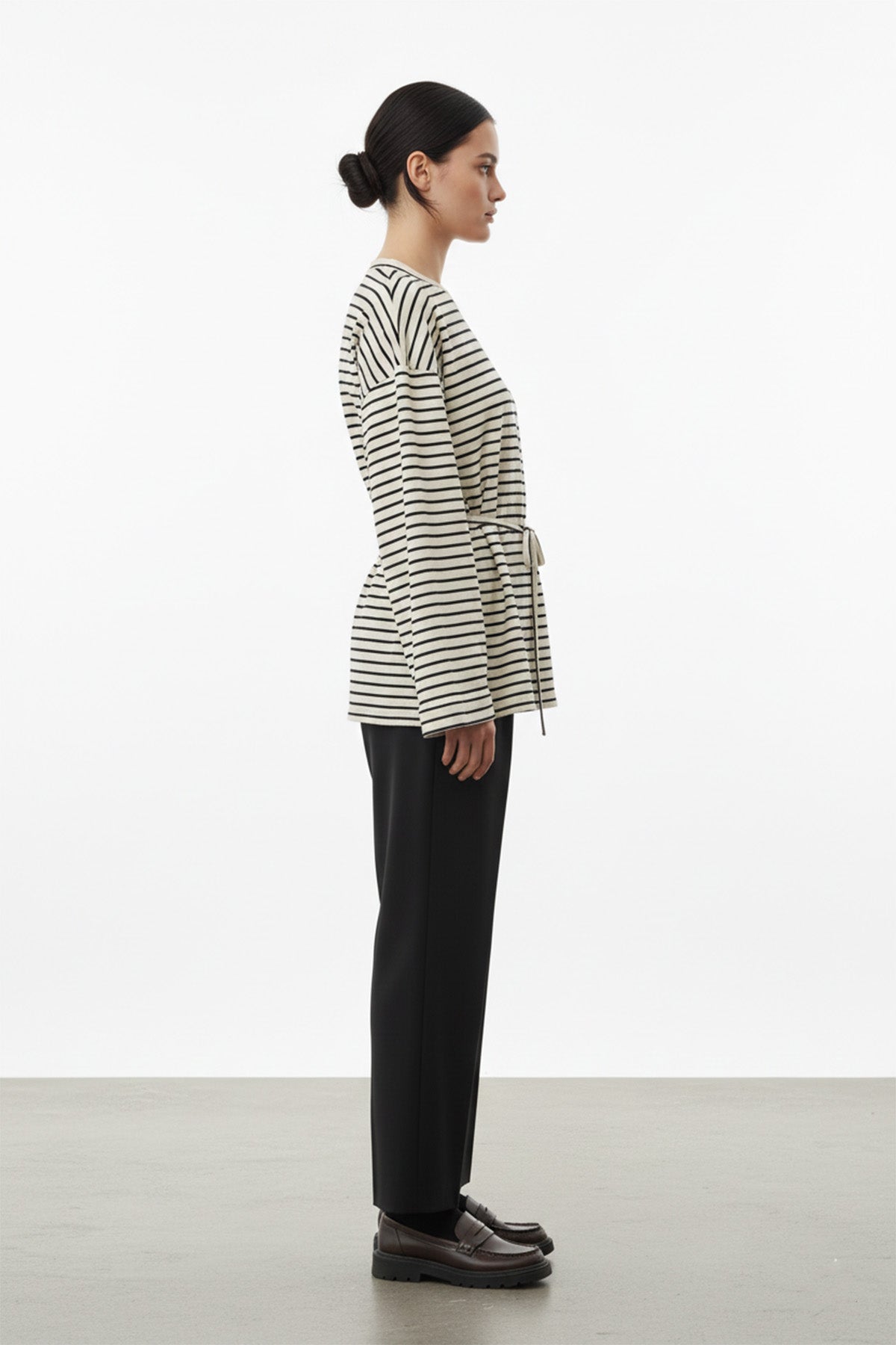 Kadın Uzun Kollu Çizgili Belden Bağlamalı Rahat Kesim Tunik-32484TUN