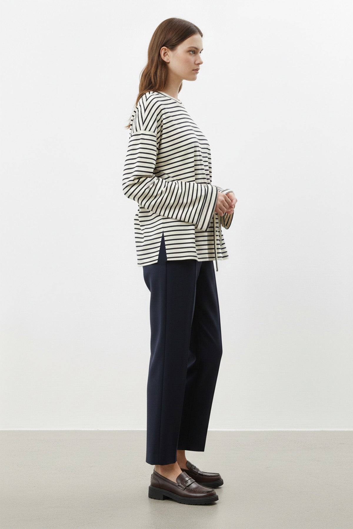 Kadın Uzun Kollu Çizgili Belden Bağlamalı Rahat Kesim Tunik-32484TUN