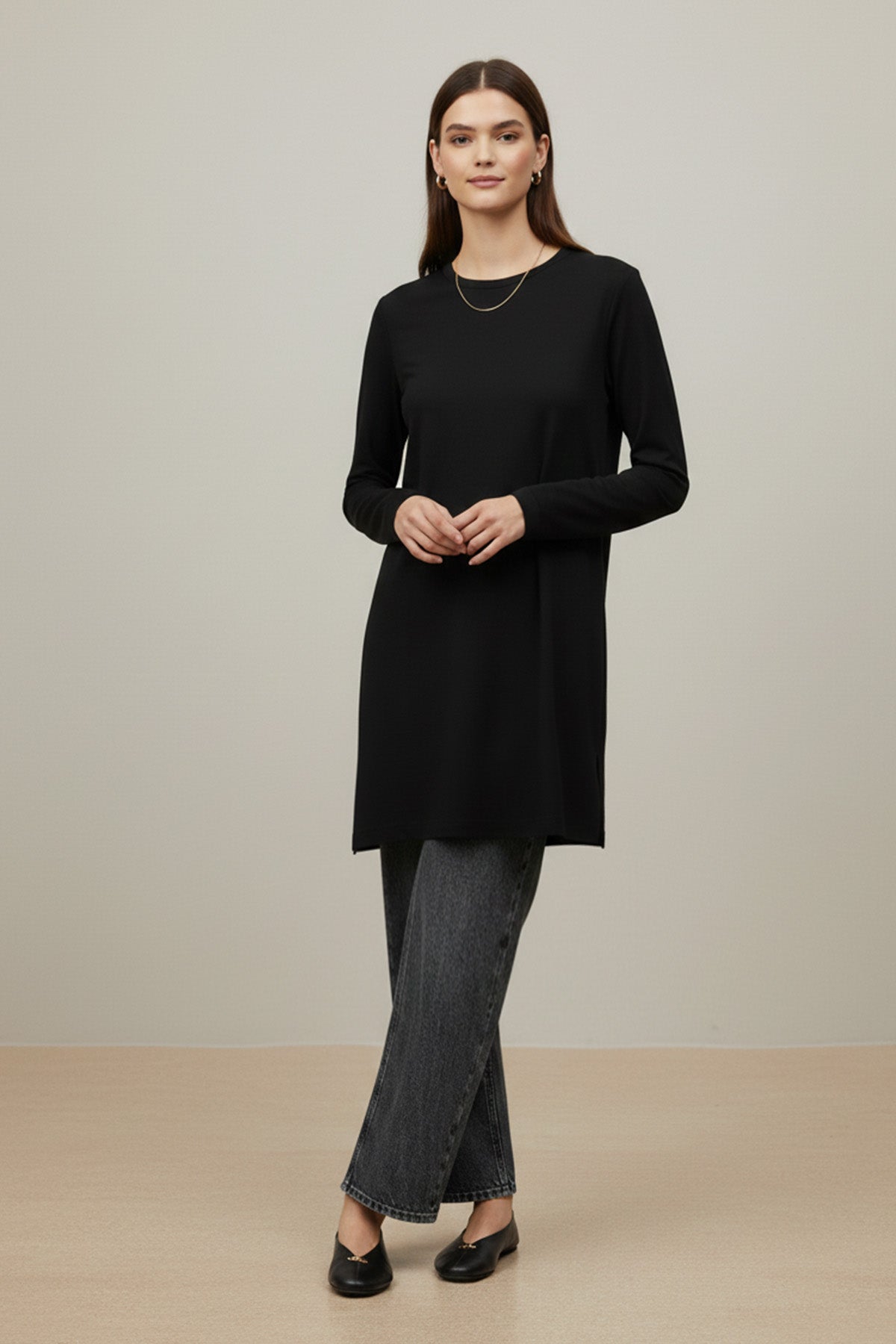Kadın Düz Kesim Uzun Kollu Tunik - 40021TUN