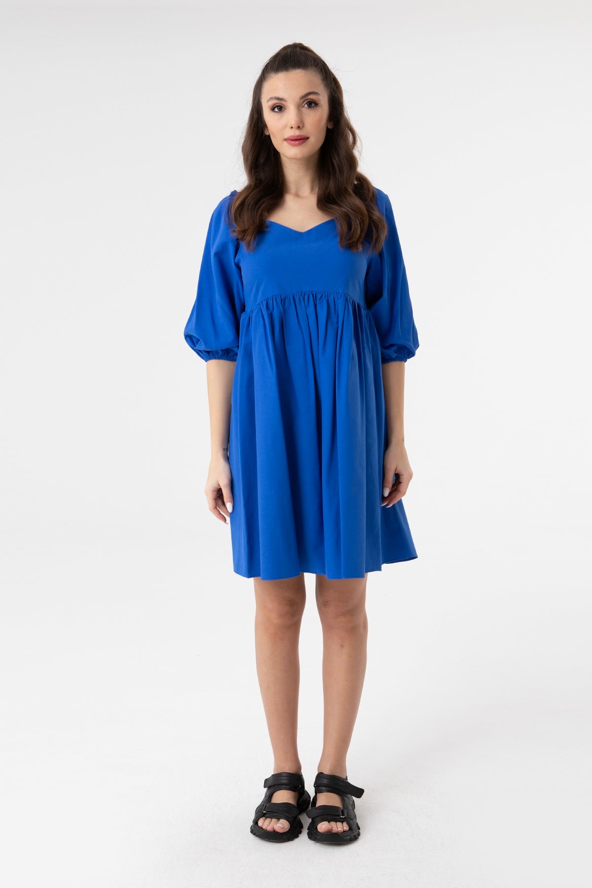 Kadın V Yaka Balon Kol Büzgülü Mini Elbise-31153ELB