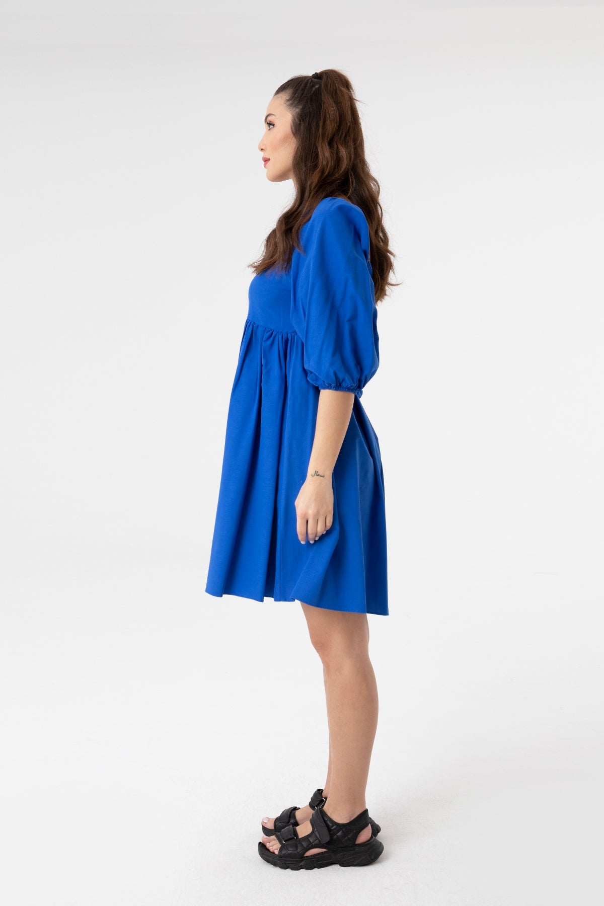 Kadın V Yaka Balon Kol Büzgülü Mini Elbise-31153ELB