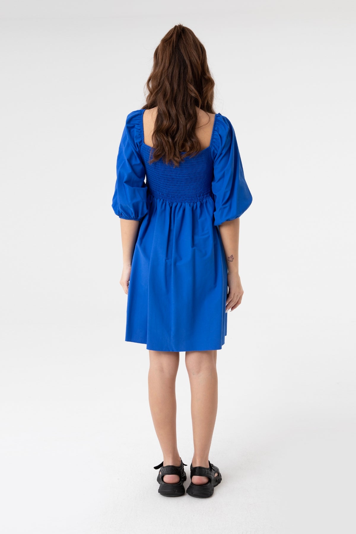 Kadın V Yaka Balon Kol Büzgülü Mini Elbise-31153ELB