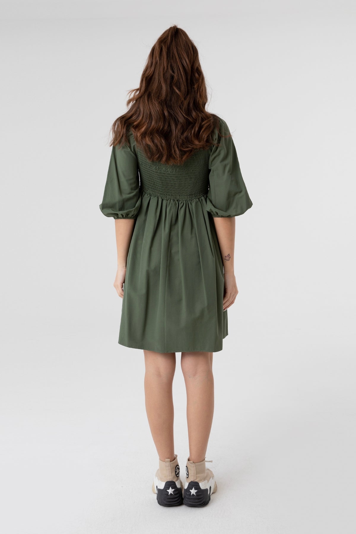 Kadın V Yaka Balon Kol Büzgülü Mini Elbise-31153ELB