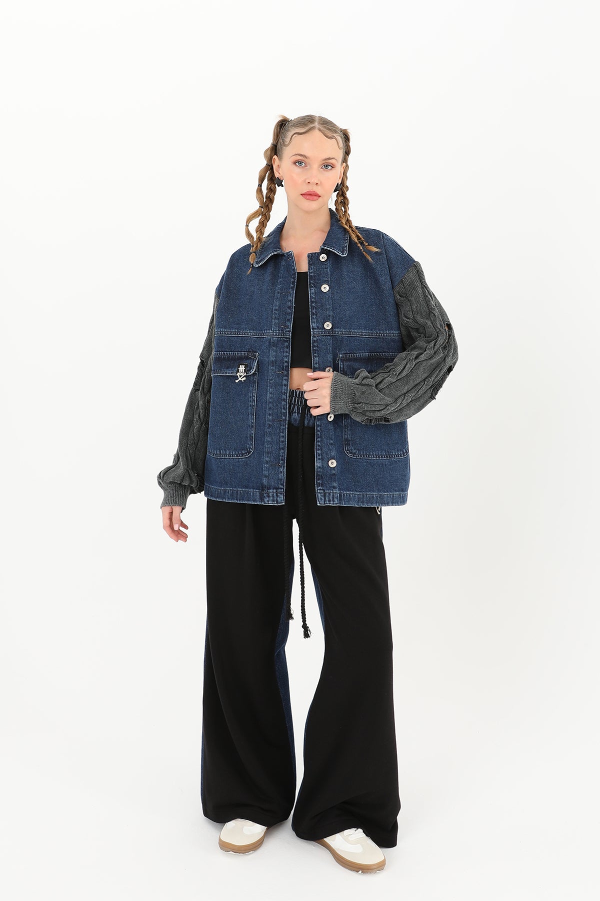 Kadın Triko Kol Detaylı Denim Ceket -32041CKT