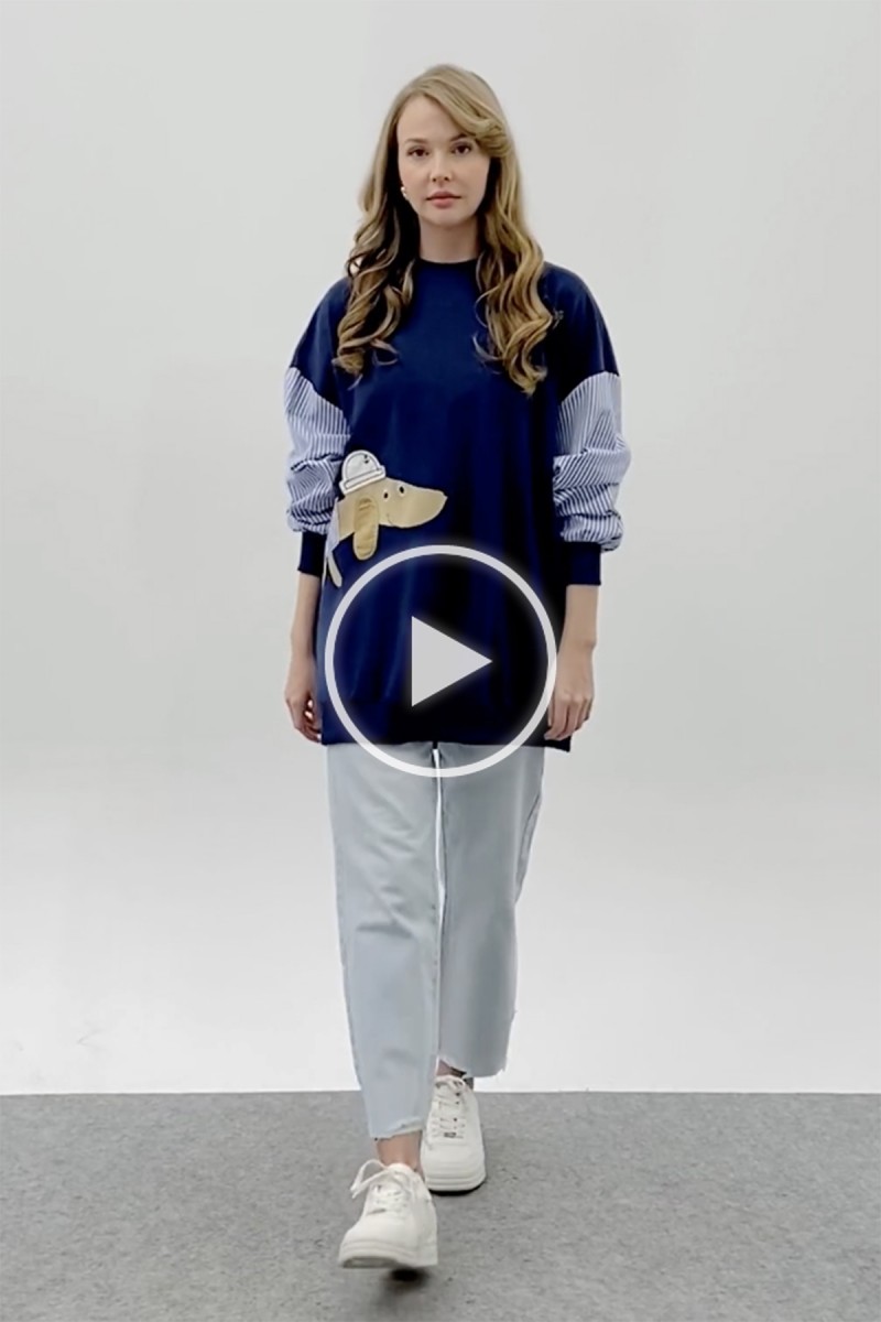 Kadın Şapkalı Köpek Nakışlı Garnili Sweatshirt - 20632SWT Kadın Şapkalı Köpek Nakışlı Garnili Sweatshirt - 20632SWT