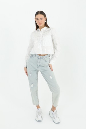 Kadın Crop Uzun Kollu Varak Desenli Gömlek -24S-31769GML Kadın Crop Uzun Kollu Varak Desenli Gömlek -24S-31769GML
