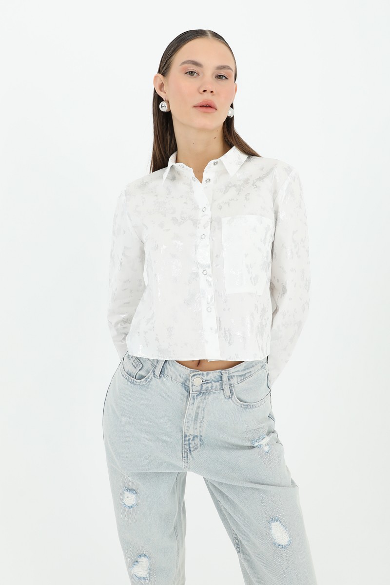Kadın Crop Uzun Kollu Varak Desenli Gömlek -24S-31769GML Kadın Crop Uzun Kollu Varak Desenli Gömlek -24S-31769GML