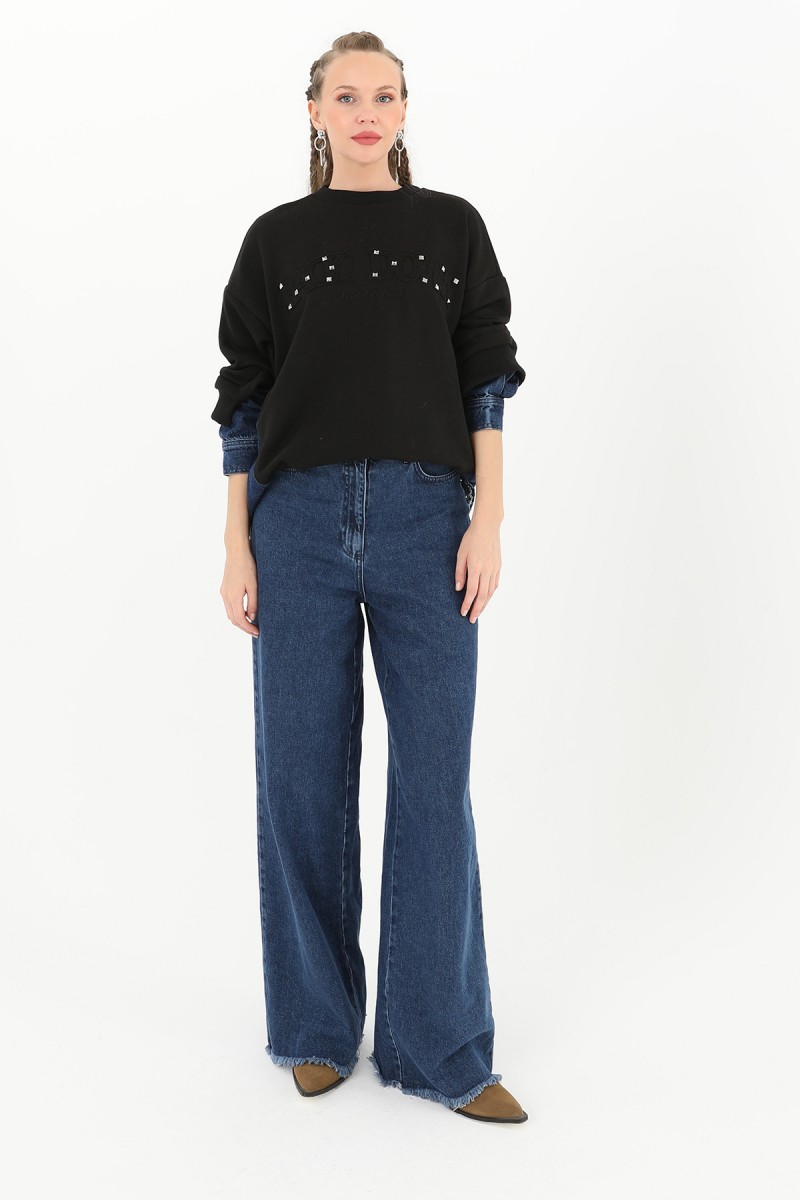 Kadın Kol Ucu Kot Detaylı Taş İşlemeli Sweatshirt - 31990SWT Kadın Kol Ucu Kot Detaylı Taş İşlemeli Sweatshirt - 31990SWT