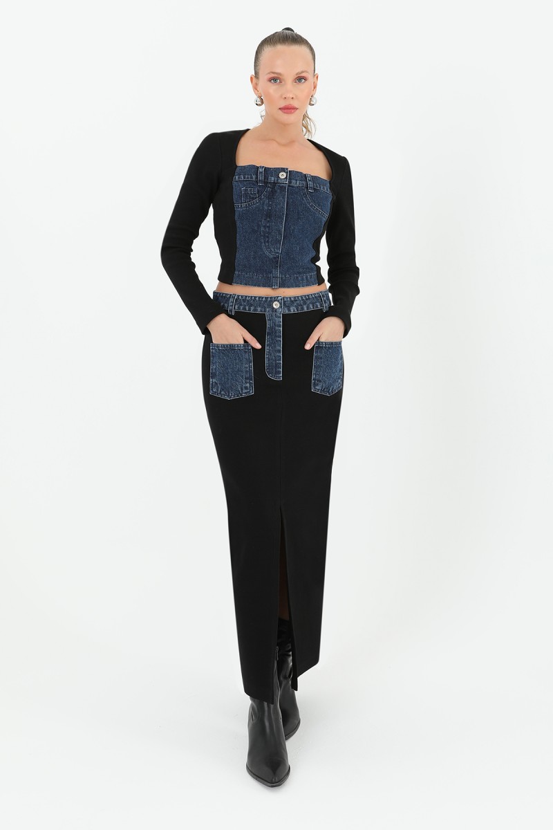 Kadın Ribanalı Denim Cepli Etek - 32028ETK Kadın Ribanalı Denim Cepli Etek - 32028ETK