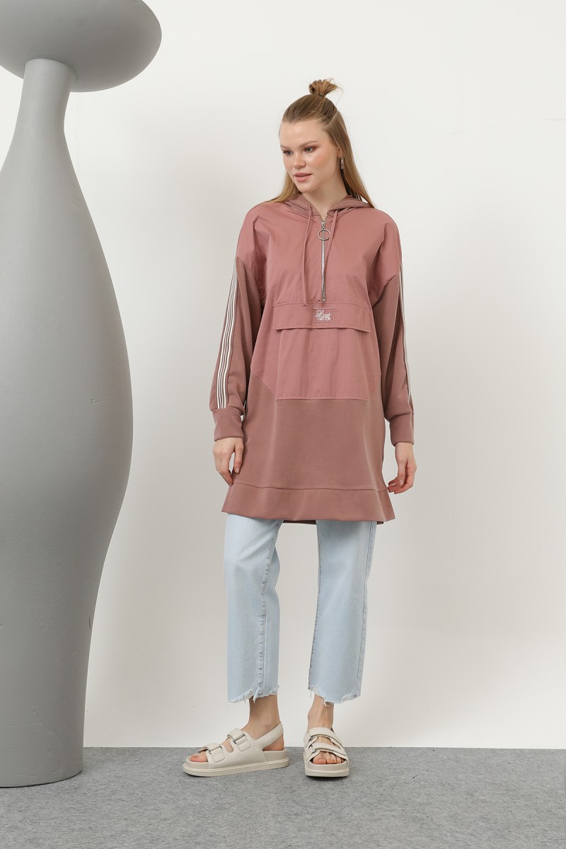 Women's Front Zipper Detailed Hooded Tunic - 10610TUN Women's Front Zipper Detailed Hooded Tunic - 10610TUN