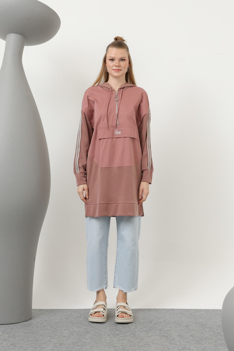 Women's Front Zipper Detailed Hooded Tunic - 10610TUN Women's Front Zipper Detailed Hooded Tunic - 10610TUN