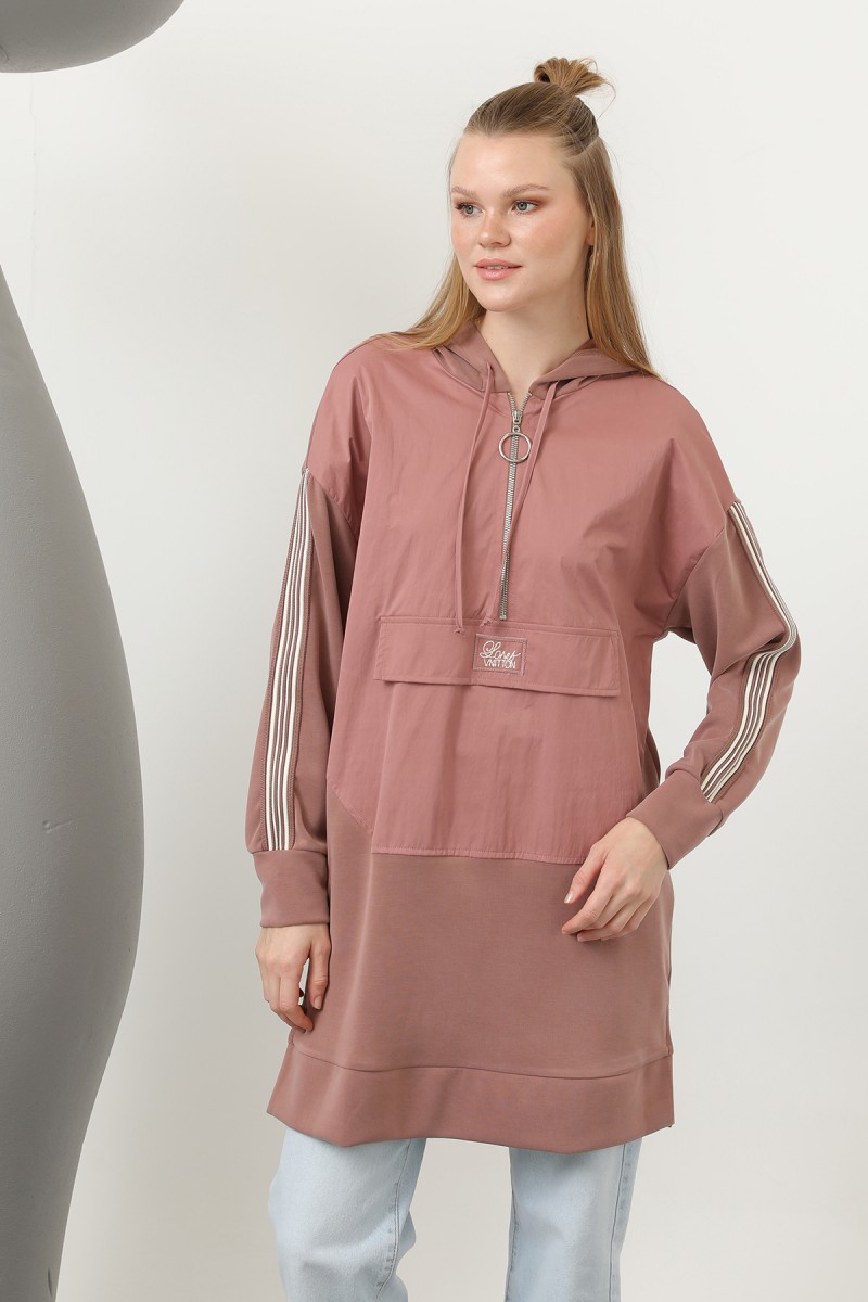 Women's Front Zipper Detailed Hooded Tunic - 10610TUN Women's Front Zipper Detailed Hooded Tunic - 10610TUN