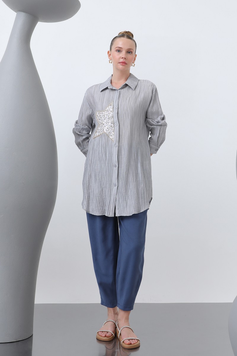 Women's Front Star Embroidered Shirt Tunic - 10646GML Women's Front Star Embroidered Shirt Tunic - 10646GML