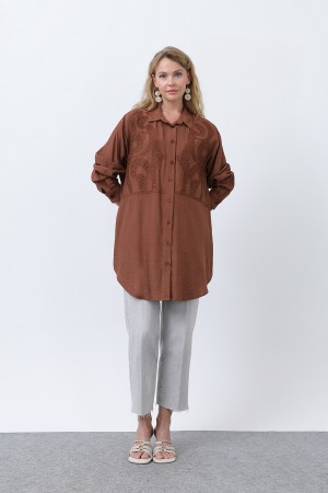 Women's Front Embroidered Button Detail Tunic - 10663TUN Women's Front Embroidered Button Detail Tunic - 10663TUN
