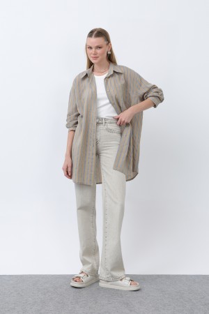 Women's Striped Button Detail Shirt Tunic -10671GML