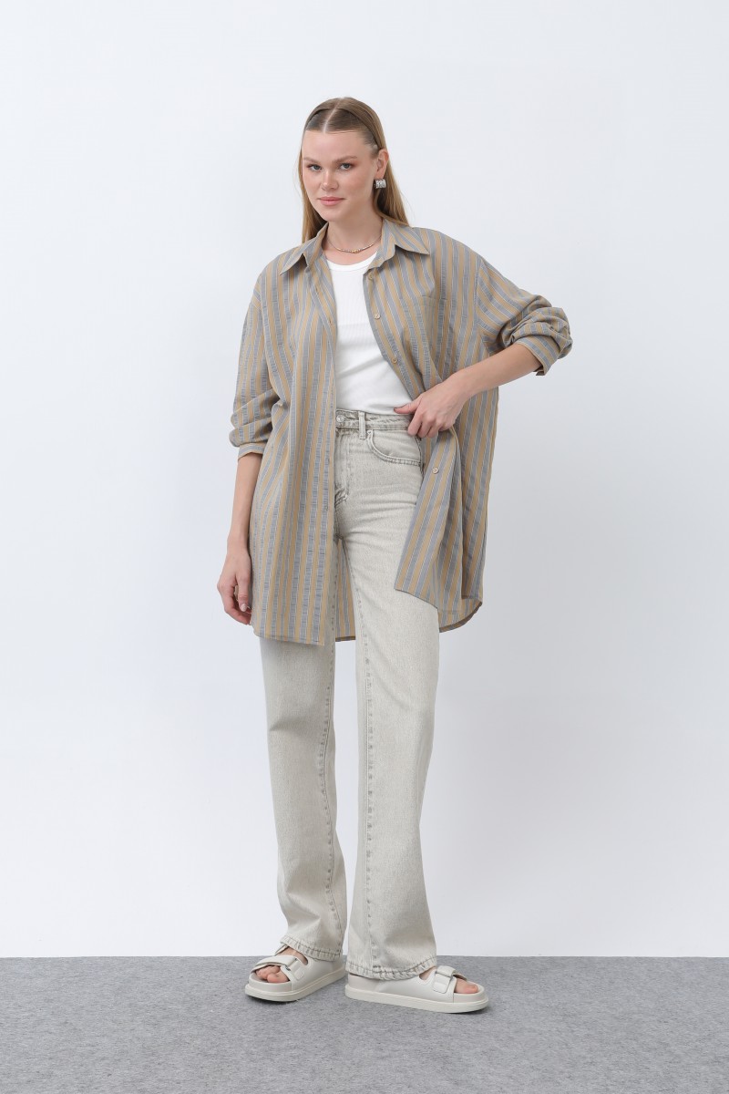 Women's Striped Button Detail Shirt Tunic -10671GML