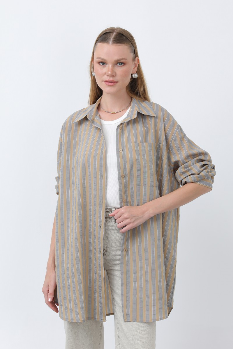 Women's Striped Button Detail Shirt Tunic -10671GML