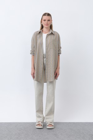 Women's Striped Button Detail Shirt Tunic -10671GML
