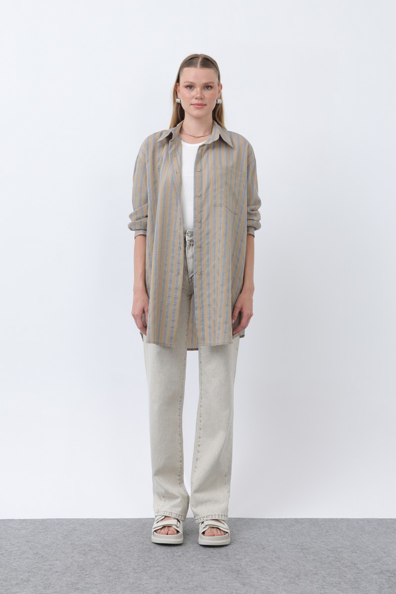 Women's Striped Button Detail Shirt Tunic -10671GML