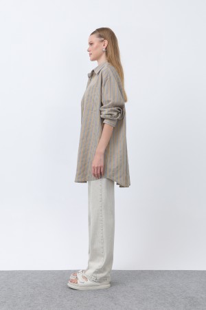 Women's Striped Button Detail Shirt Tunic -10671GML