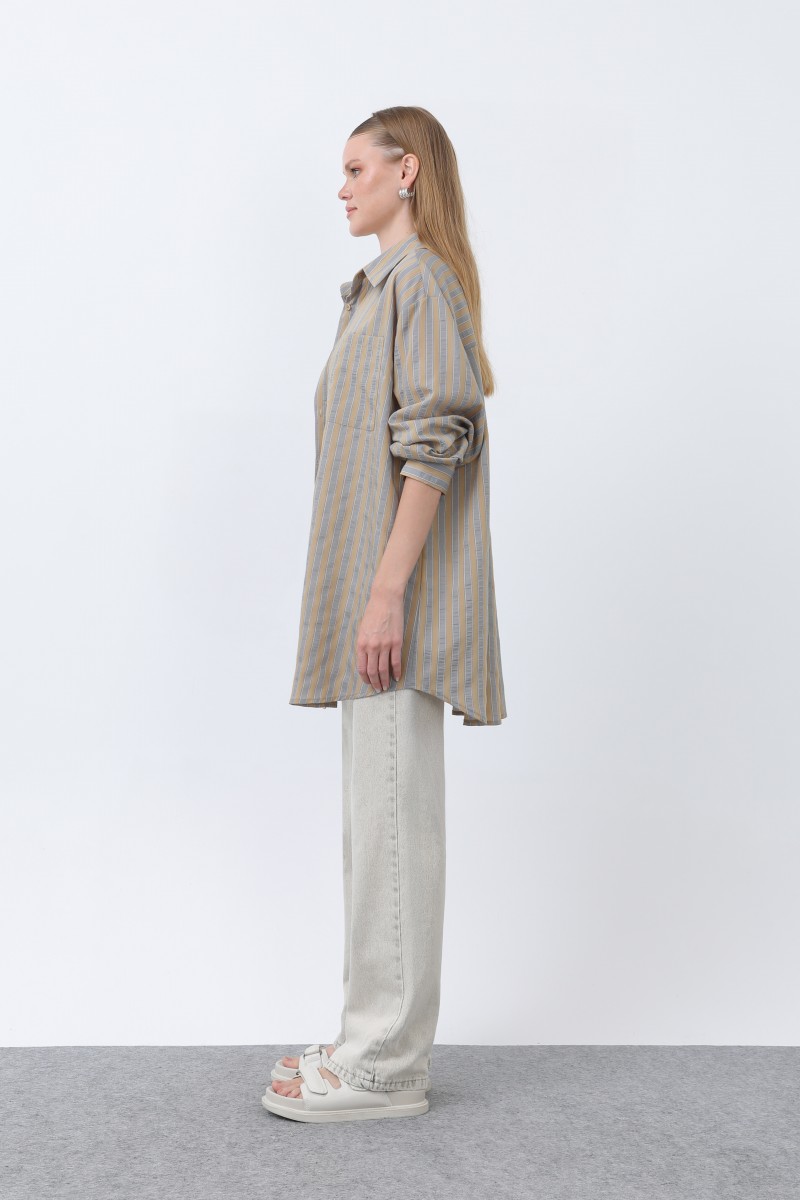 Women's Striped Button Detail Shirt Tunic -10671GML