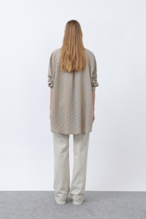 Women's Striped Button Detail Shirt Tunic -10671GML