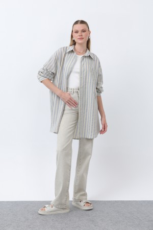 Women's Striped Button Detail Shirt Tunic -10671GML