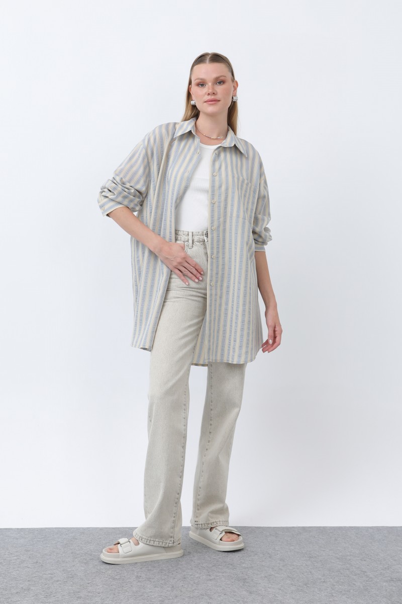 Women's Striped Button Detail Shirt Tunic -10671GML