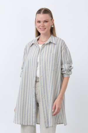 Women's Striped Button Detail Shirt Tunic -10671GML