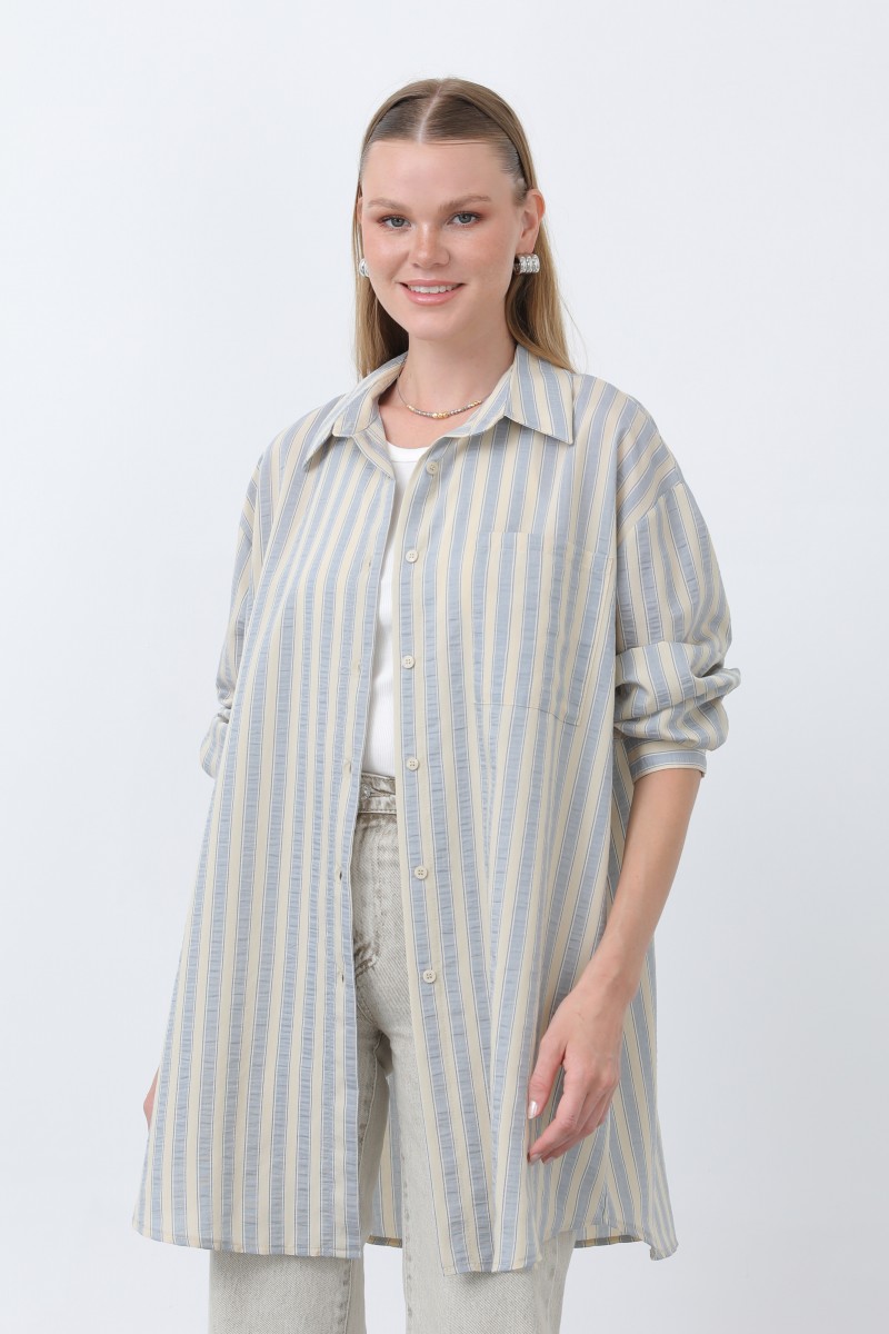 Women's Striped Button Detail Shirt Tunic -10671GML