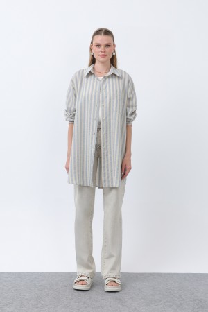 Women's Striped Button Detail Shirt Tunic -10671GML
