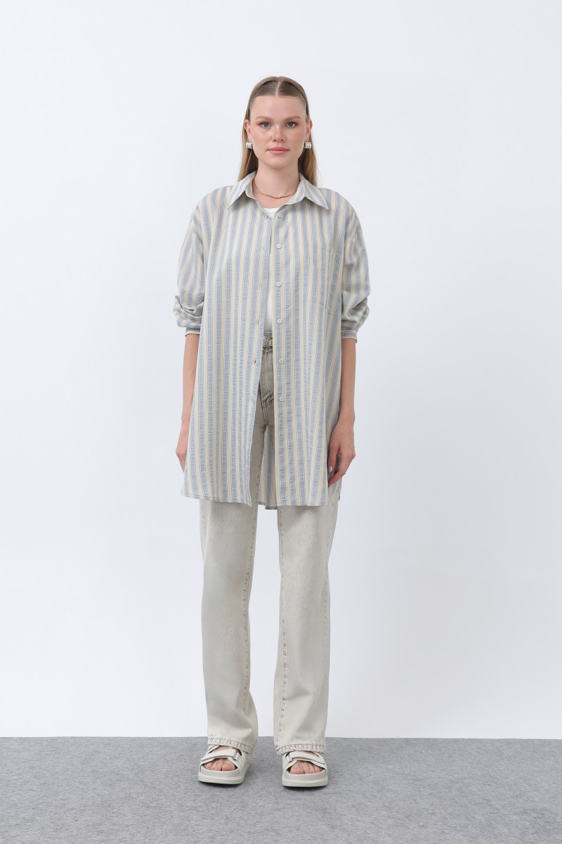 Women's Striped Button Detail Shirt Tunic -10671GML