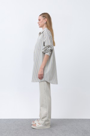 Women's Striped Button Detail Shirt Tunic -10671GML