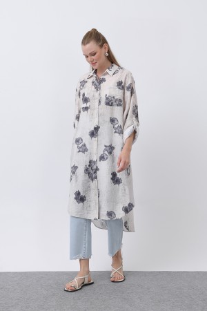 Women's Patterned Front Pocket Detailed Back Robe Long Tunic - 10678TUN Women's Patterned Front Pocket Detailed Back Robe Long Tunic - 10678TUN