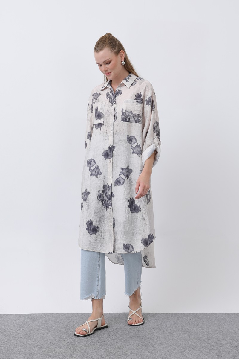 Women's Patterned Front Pocket Detailed Back Robe Long Tunic - 10678TUN Women's Patterned Front Pocket Detailed Back Robe Long Tunic - 10678TUN