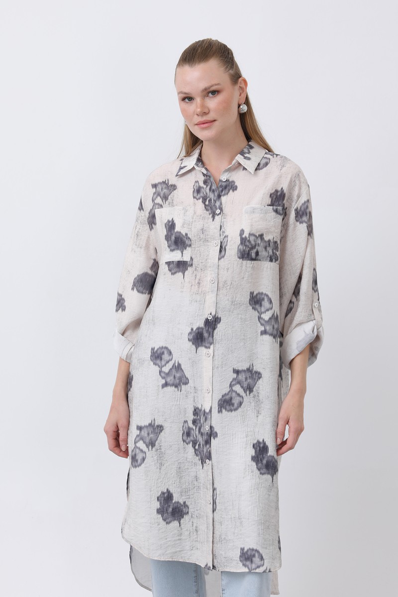 Women's Patterned Front Pocket Detailed Back Robe Long Tunic - 10678TUN Women's Patterned Front Pocket Detailed Back Robe Long Tunic - 10678TUN