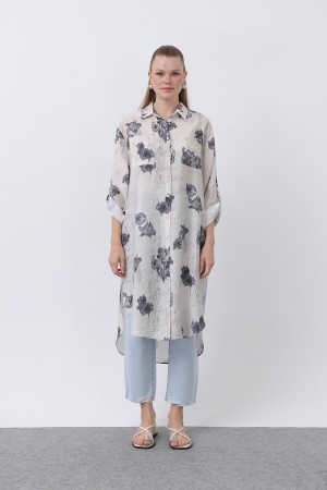 Women's Patterned Front Pocket Detailed Back Robe Long Tunic - 10678TUN Women's Patterned Front Pocket Detailed Back Robe Long Tunic - 10678TUN