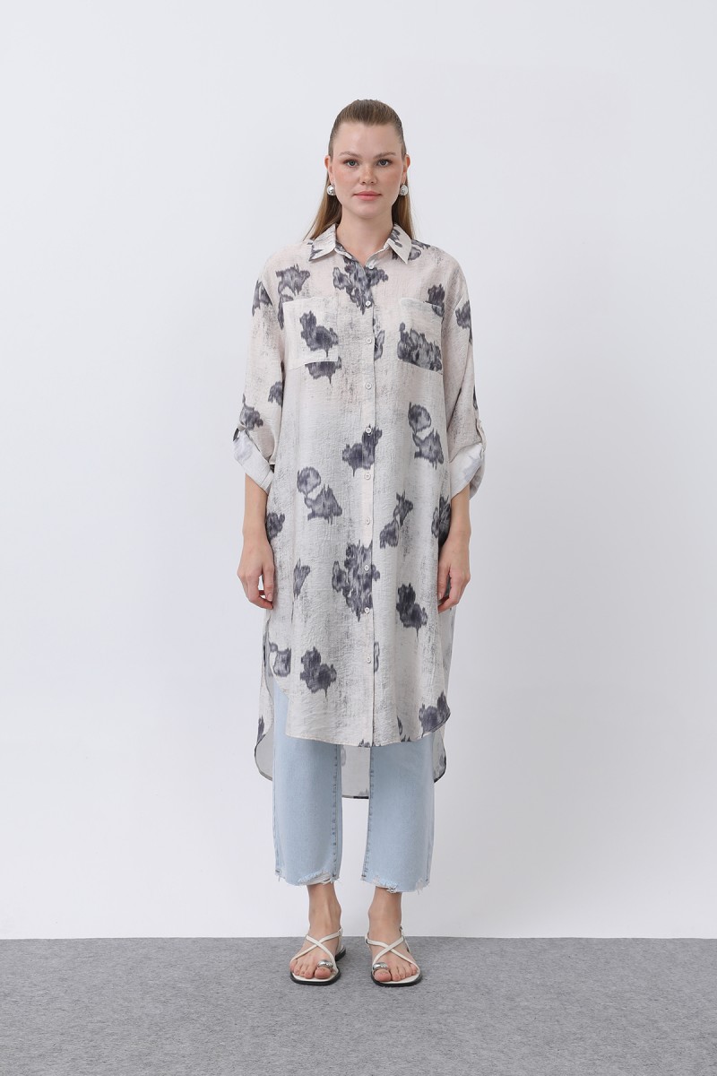 Women's Patterned Front Pocket Detailed Back Robe Long Tunic - 10678TUN Women's Patterned Front Pocket Detailed Back Robe Long Tunic - 10678TUN