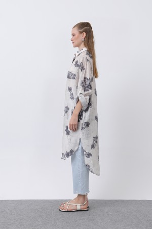 Women's Patterned Front Pocket Detailed Back Robe Long Tunic - 10678TUN Women's Patterned Front Pocket Detailed Back Robe Long Tunic - 10678TUN