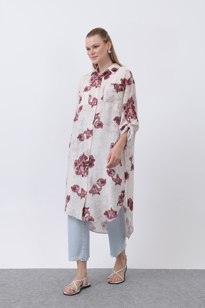 Women's Patterned Front Pocket Detailed Back Robe Long Tunic - 10678TUN Women's Patterned Front Pocket Detailed Back Robe Long Tunic - 10678TUN