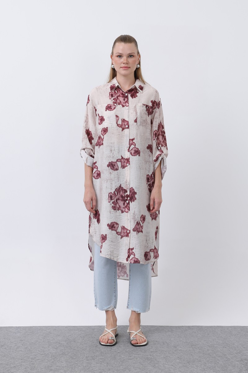 Women's Patterned Front Pocket Detailed Back Robe Long Tunic - 10678TUN Women's Patterned Front Pocket Detailed Back Robe Long Tunic - 10678TUN