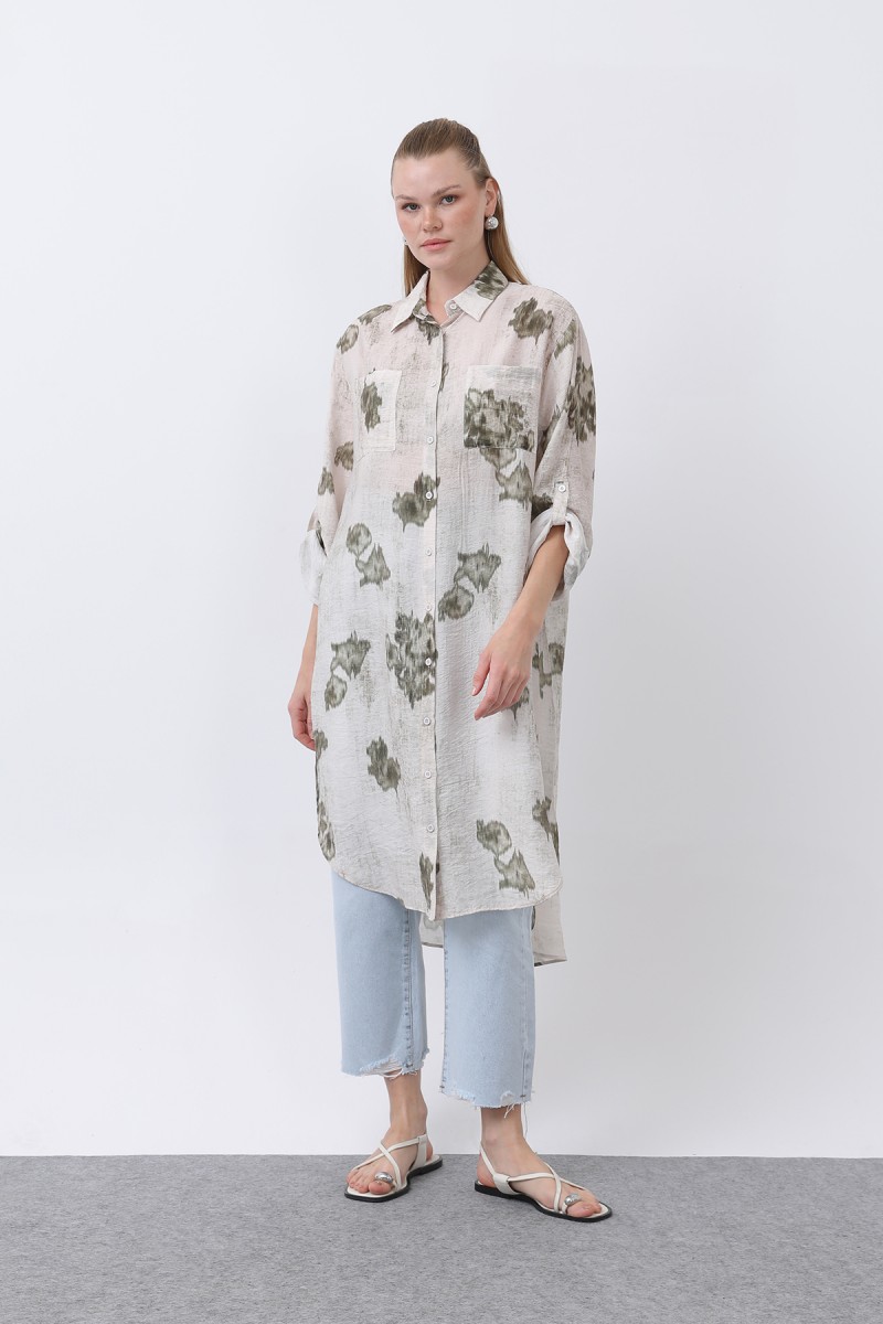 Women's Patterned Front Pocket Detailed Back Robe Long Tunic - 10678TUN Women's Patterned Front Pocket Detailed Back Robe Long Tunic - 10678TUN